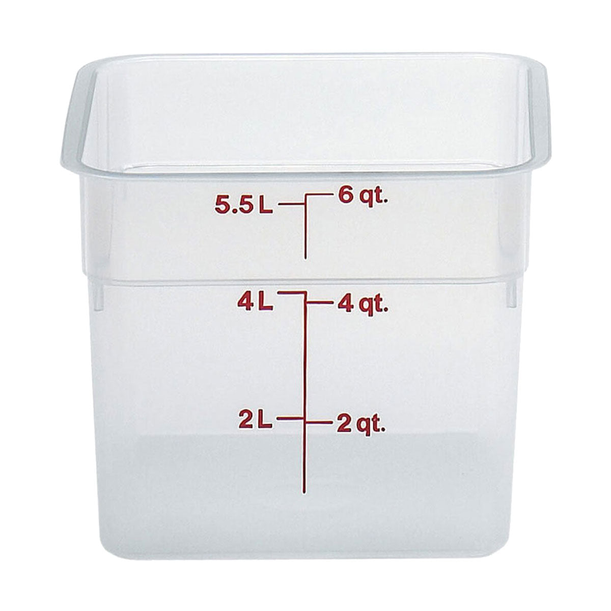 CamSquare¨ Food Container, 6 qt., 8-3/8"L x 8-3/8"W x 7-1/4"H, red graduation, polycarbonate, dishwasher safe, resists stains & odors, clear, NSF