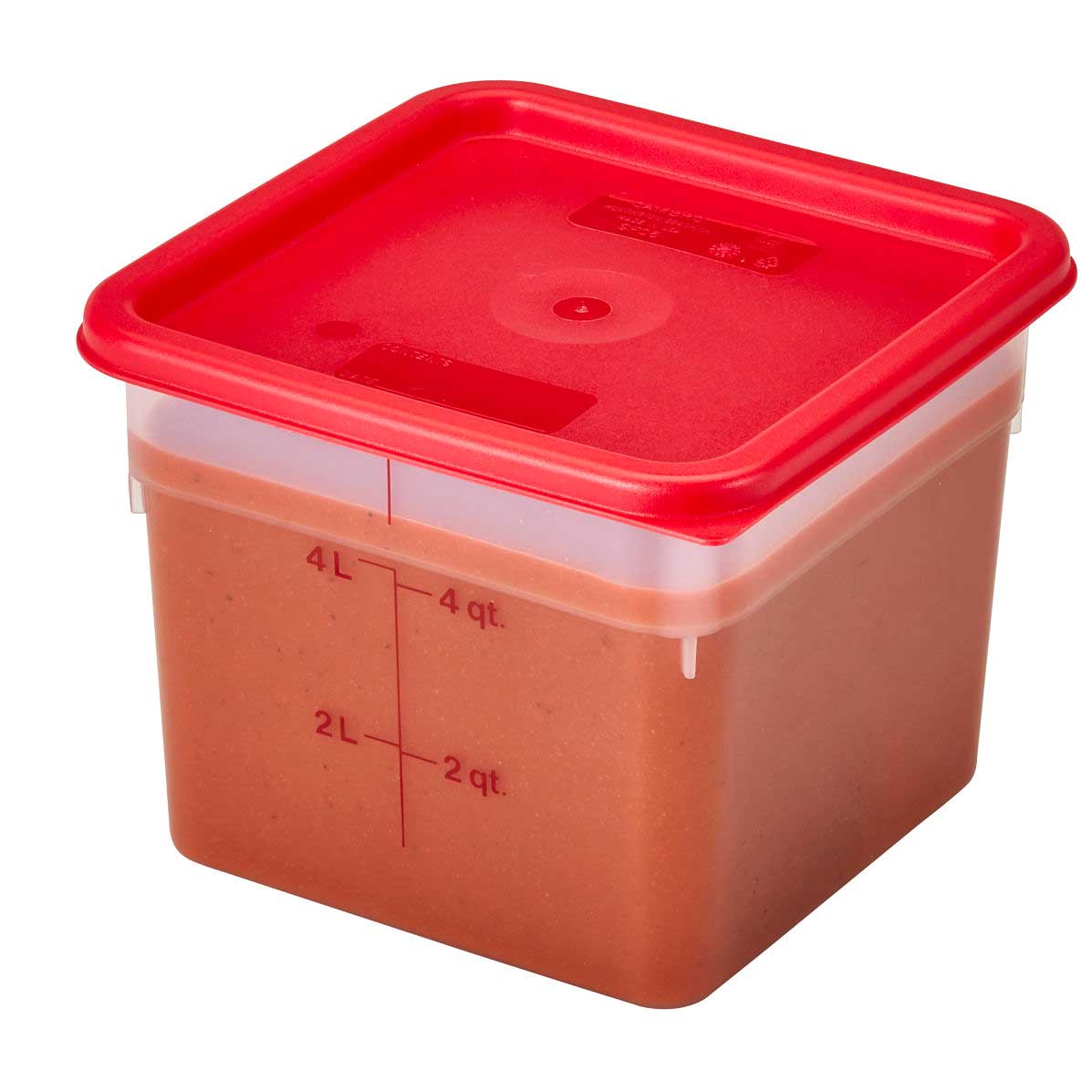 CamSquare¨ Food Container, 6 qt., 8-3/8"L x 8-3/8"W x 7-1/4"H, red graduation, polycarbonate, dishwasher safe, resists stains & odors, clear, NSF
