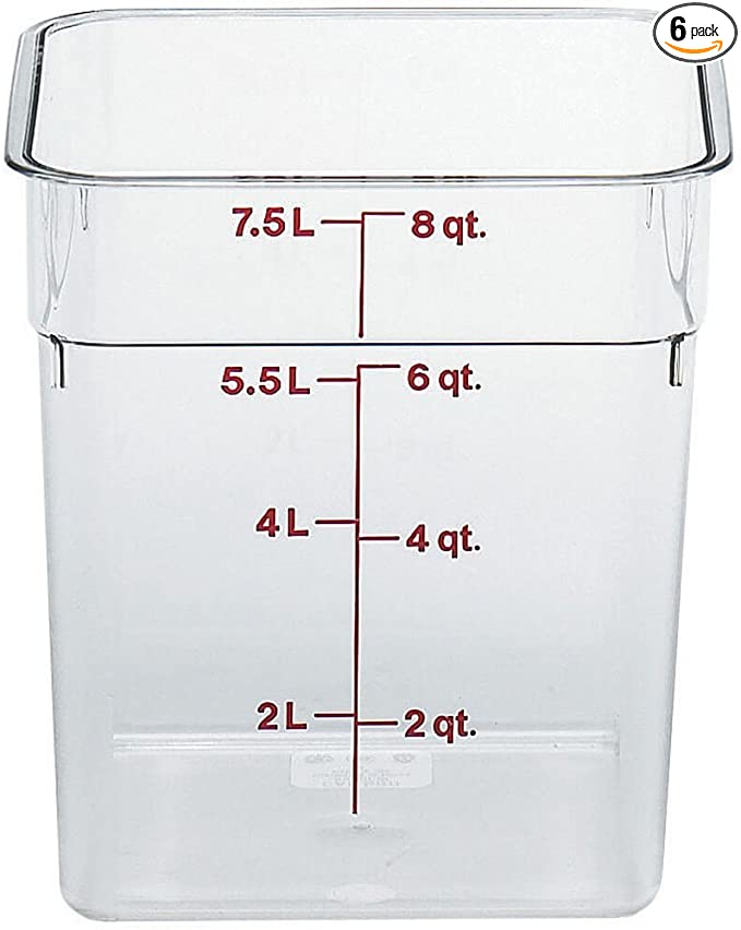 CamSquare¨ Food Container, 8 qt., 8-3/8"L x 8-3/8"W x 9-1/8"H, red graduation, polycarbonate, dishwasher safe, resists stains & odors, clear, NSF